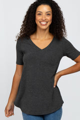 Charcoal V-Neck Short Sleeve Round Hem Top