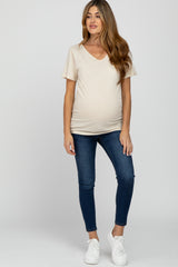 Beige V-Neck Maternity T Shirt