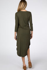 Olive Ribbed Curved Hem Maternity Midi Dress