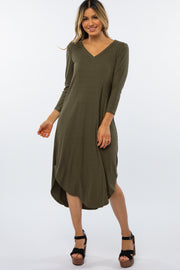 Olive Ribbed Curved Hem Midi Dress