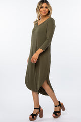 Olive Ribbed Curved Hem Midi Dress