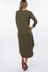 Olive Ribbed Curved Hem Midi Dress