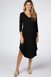 Black Ribbed Curved Hem Maternity Midi Dress