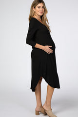 Black Ribbed Curved Hem Maternity Midi Dress