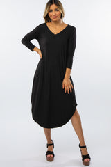 Black Ribbed Curved Hem Maternity Midi Dress