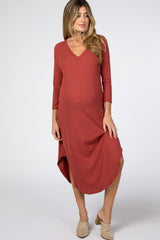 Rust Ribbed Curved Hem Maternity Midi Dress