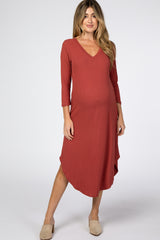 Rust Ribbed Curved Hem Maternity Midi Dress