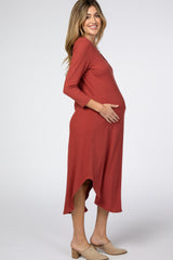 Rust Ribbed Curved Hem Maternity Midi Dress