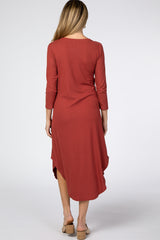 Rust Ribbed Curved Hem Maternity Midi Dress