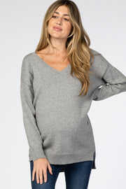 Grey V-Neck Side Slit Maternity Sweater