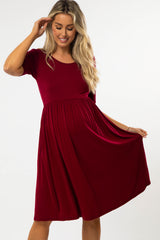 Burgundy Short Sleeve Babydoll Maternity Dress