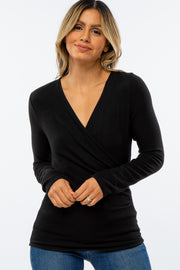 Black Brushed Knit Wrap Front Top