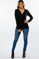 Black Brushed Knit Wrap Front Top