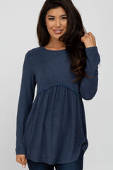 Navy Soft Brushed Long Sleeve Maternity Babydoll Top