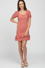 Red Gingham Smocked Mini Dress