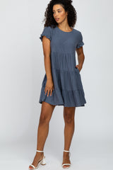 Blue Swiss Dot Pleated Tier Dress