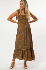 Brown Animal Print Shoulder Tie Maternity Dress