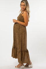 Brown Animal Print Shoulder Tie Maternity Dress