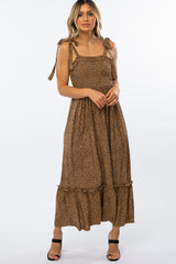 Brown Animal Print Shoulder Tie Maternity Dress