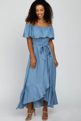 Blue Off Shoulder Ruffled Wrap Maternity Maxi Dress