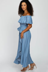 Blue Off Shoulder Ruffled Wrap Maxi Dress