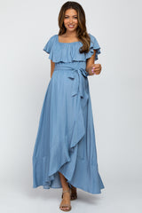 Blue Off Shoulder Ruffled Wrap Maternity Maxi Dress