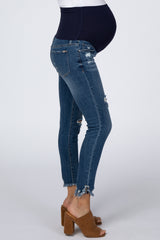 Navy Distressed Fringe Hem Maternity Skinny Jeans