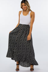 Black Floral Button Accent Maternity Maxi Skirt