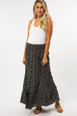 Black Floral Button Accent Maternity Maxi Skirt