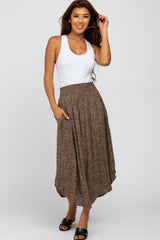 Mocha Floral Curved Hem Midi Skirt