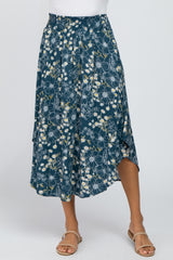 Teal Floral Smocked Midi Skirt