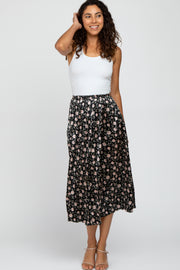 Black Floral Satin Crinkled Midi Skirt