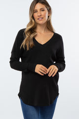 Black Waffle Knit Long Sleeve Maternity Top