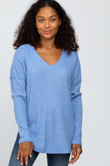 Blue Waffle Knit Long Sleeve Top