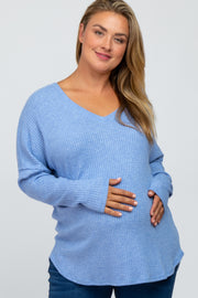 Blue Waffle Knit Long Sleeve Maternity Plus Top