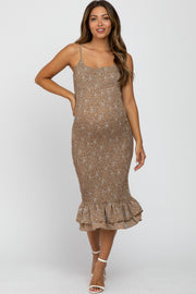 Mocha Floral Smocked Fitted Sleeveless Maternity Midi Dress