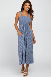 Blue Striped Smoked Midi Dress