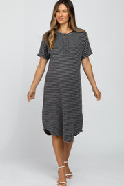 Charcoal Striped Henley Maternity Midi Dress