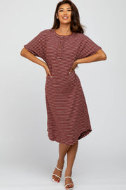 Rust Striped Henley Midi Dress