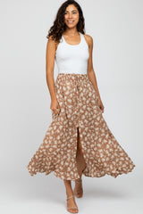 Taupe Floral Hi-Low Button Front Skirt