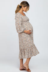 Cream Floral Smocked Ruffled Maternity Midi Dress