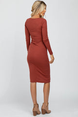 Rust Ribbed Front Button Accent Fitted Midi Dress