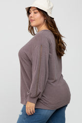 Purple Crochet Accent Long Sleeve Plus Top