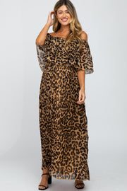 Brown Animal Print Off Shoulder Pleated Maternity Maxi Dress