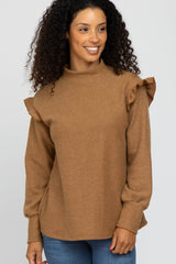 Camel Knit Ruffle Long Sleeve Top