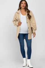 Beige Fleece Button Down Oversized Maternity Jacket