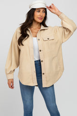 Beige Fleece Button Down Oversized Maternity Jacket