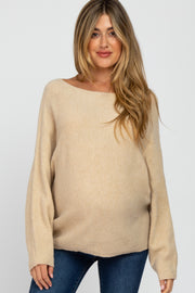 Beige Solid Boat Neck Maternity Sweater