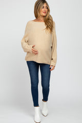 Beige Solid Boat Neck Maternity Sweater