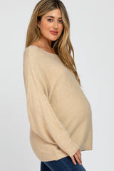 Beige Solid Boat Neck Maternity Sweater